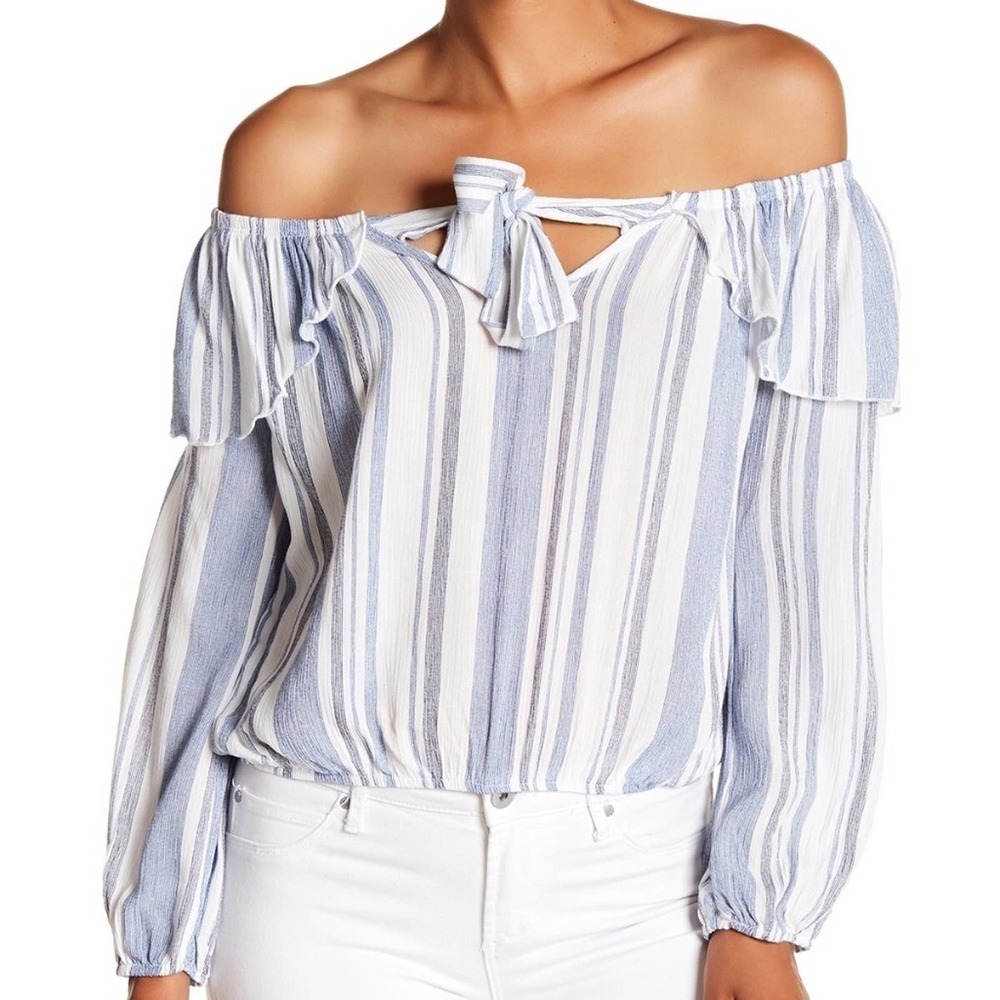 VINTAGE HAVANA Blue White Ruffle Off Shoulder Top Small BOHO